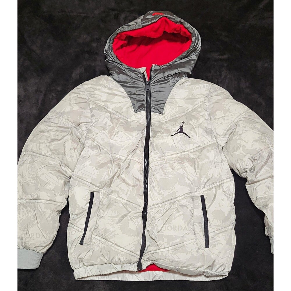 Jordan Boys Youth Size Large 12/13 Gray/Red Camo Hooded Puffer Jacket Full Zip